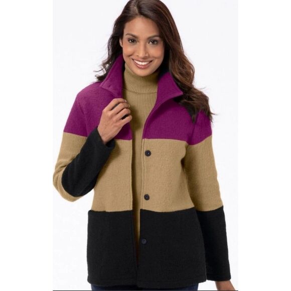 Appleseed’s 100% Wool Women's Striped Button Front Flare Collared Jacket sz L Mi - Picture 1 of 4